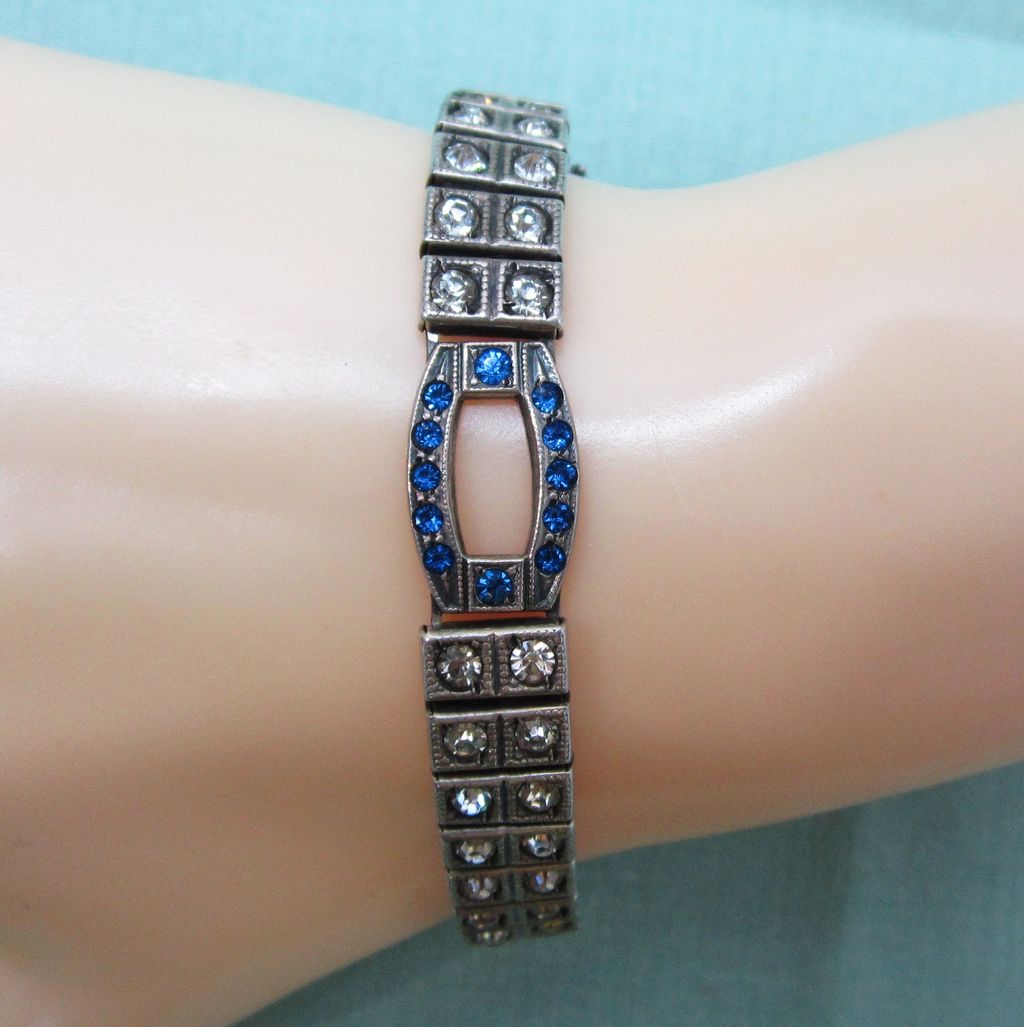 Sterling Silver Art Deco Blue Clear Rhinestone Bracelet Payco Sterling Silver Art Deco Blue Clear Rhinestone Bracelet Payco