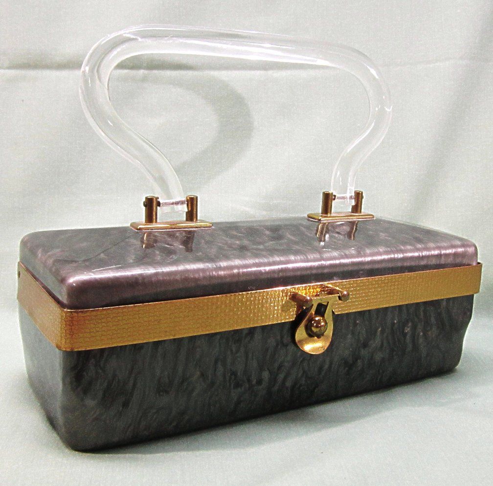 1950's Lucite Box Purse Marbled Smokey Gray and Brass 1950's Lucite Box Purse Marbled Smokey Gray and Brass
