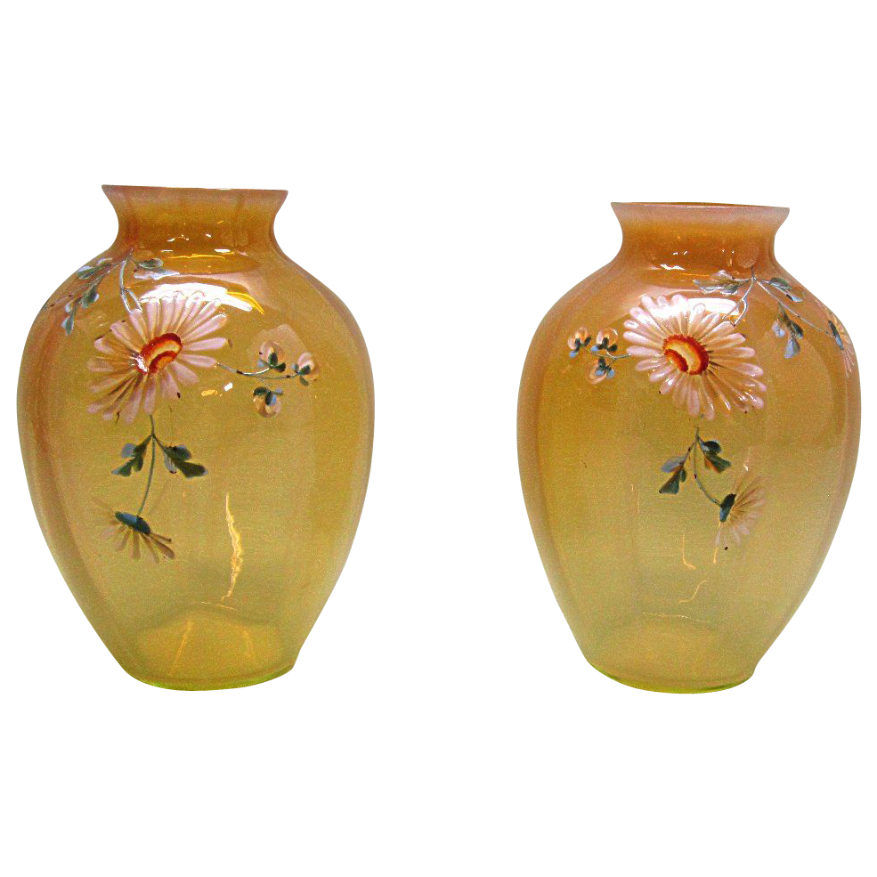 Pair Cased Vaseline Glass Vases Handpainted Enamel Daisies Pair Cased Vaseline Glass Vases Handpainted Enamel Daisies