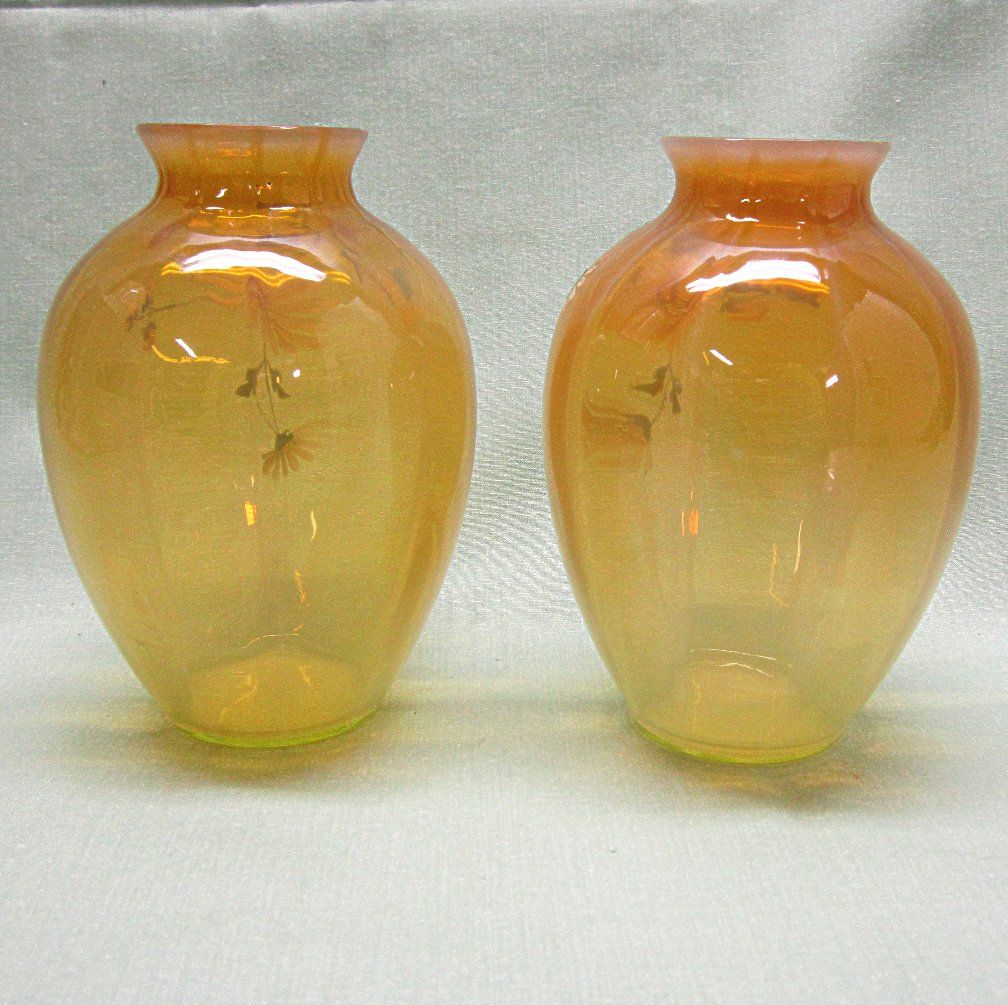 Pair Cased Vaseline Glass Vases Handpainted Enamel Daisies Pair Cased Vaseline Glass Vases Handpainted Enamel Daisies