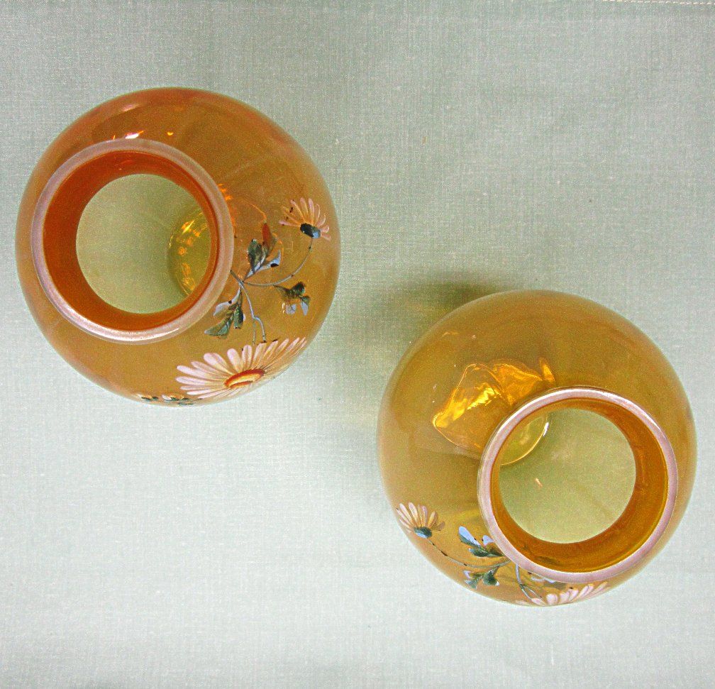 Pair Cased Vaseline Glass Vases Handpainted Enamel Daisies Pair Cased Vaseline Glass Vases Handpainted Enamel Daisies
