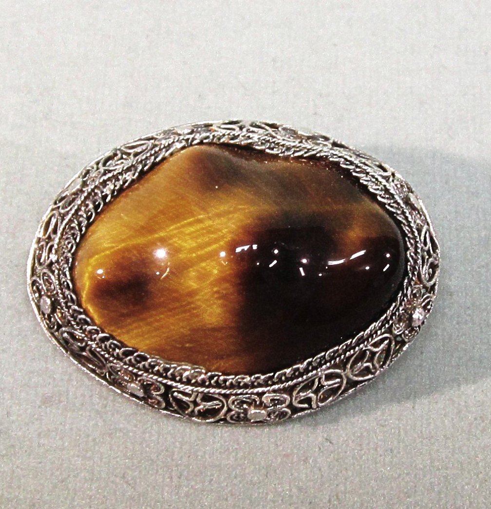 Chinese Silver Filigree Pin set with Tiger Eye Chinese Silver Filigree Pin set with Tiger Eye
