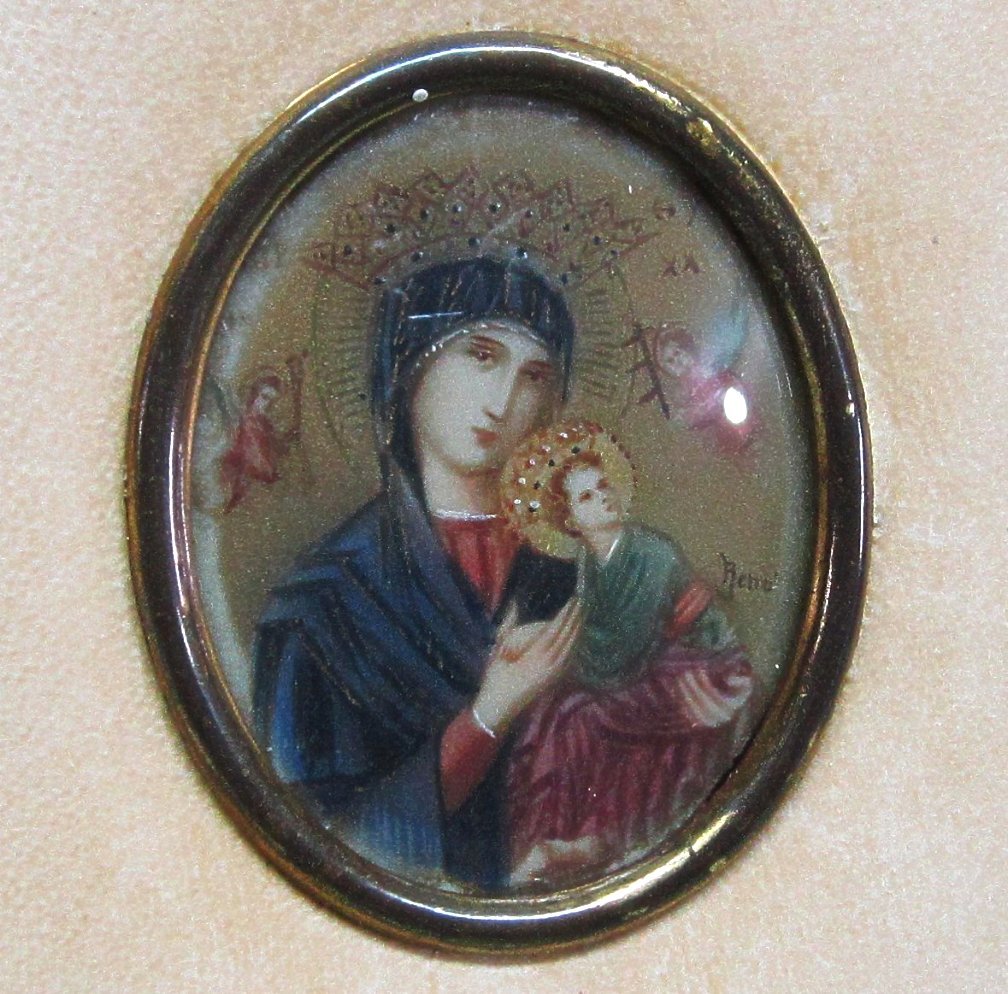 Miniature Painting Madonna and Christ Child on Celluloid in Leather Tryptic Case Miniature Painting Madonna and Christ Child on Celluloid in Leather Tryptic Case