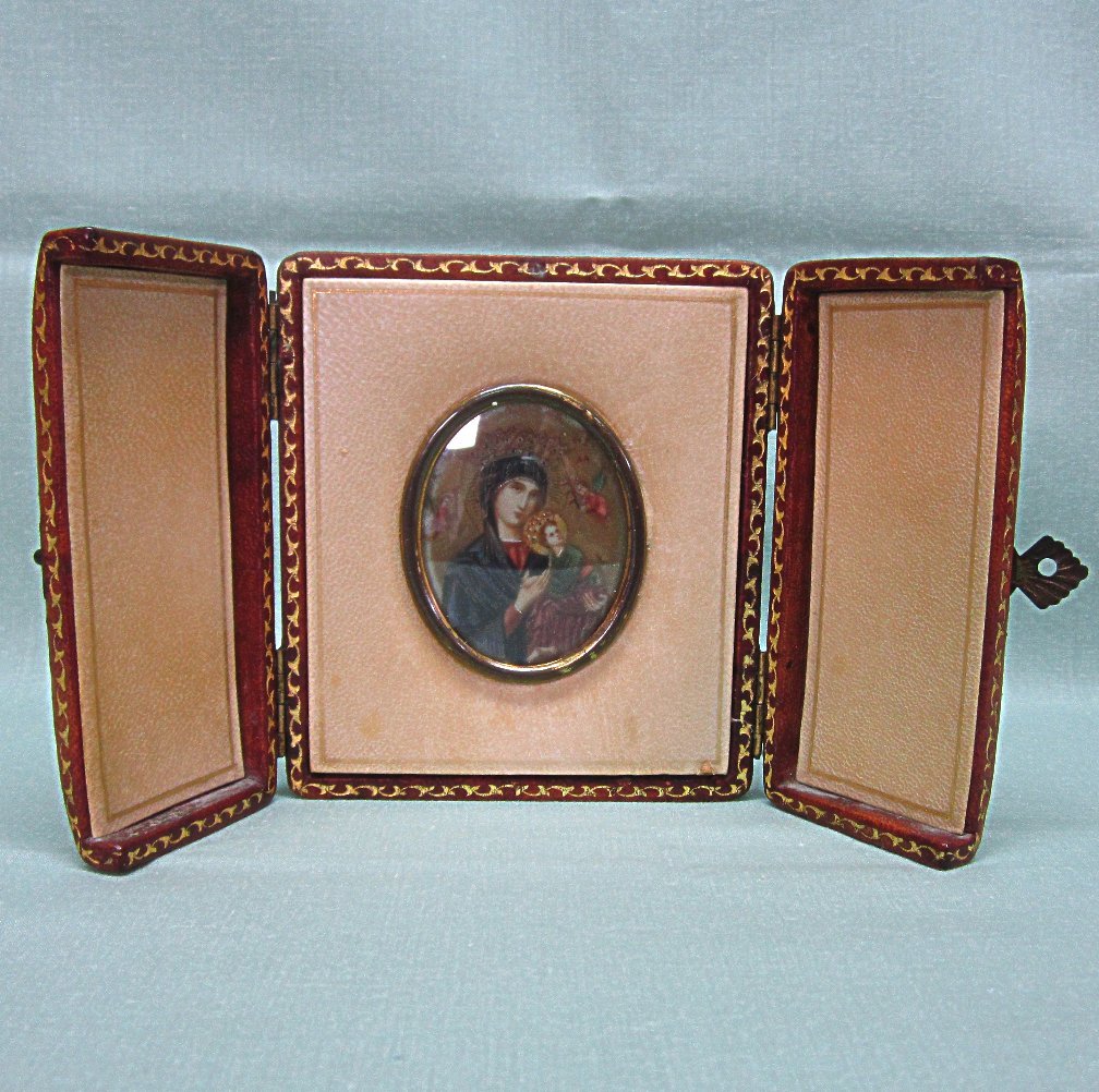 Miniature Painting Madonna and Christ Child on Celluloid in Leather Tryptic Case Miniature Painting Madonna and Christ Child on Celluloid in Leather Tryptic Case