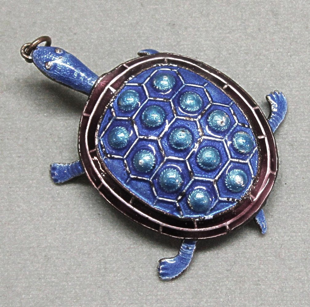 Vintage Blue Enamel and Brass Articulated Turtle Pendant Vintage Blue Enamel and Brass Articulated Turtle Pendant