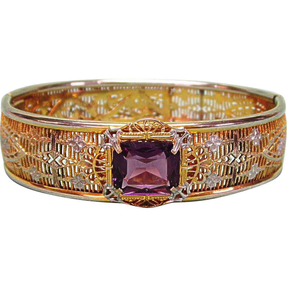 Art Deco Filigree Bracelet with Purple Glass Stone Art Deco Filigree Bracelet with Purple Glass Stone