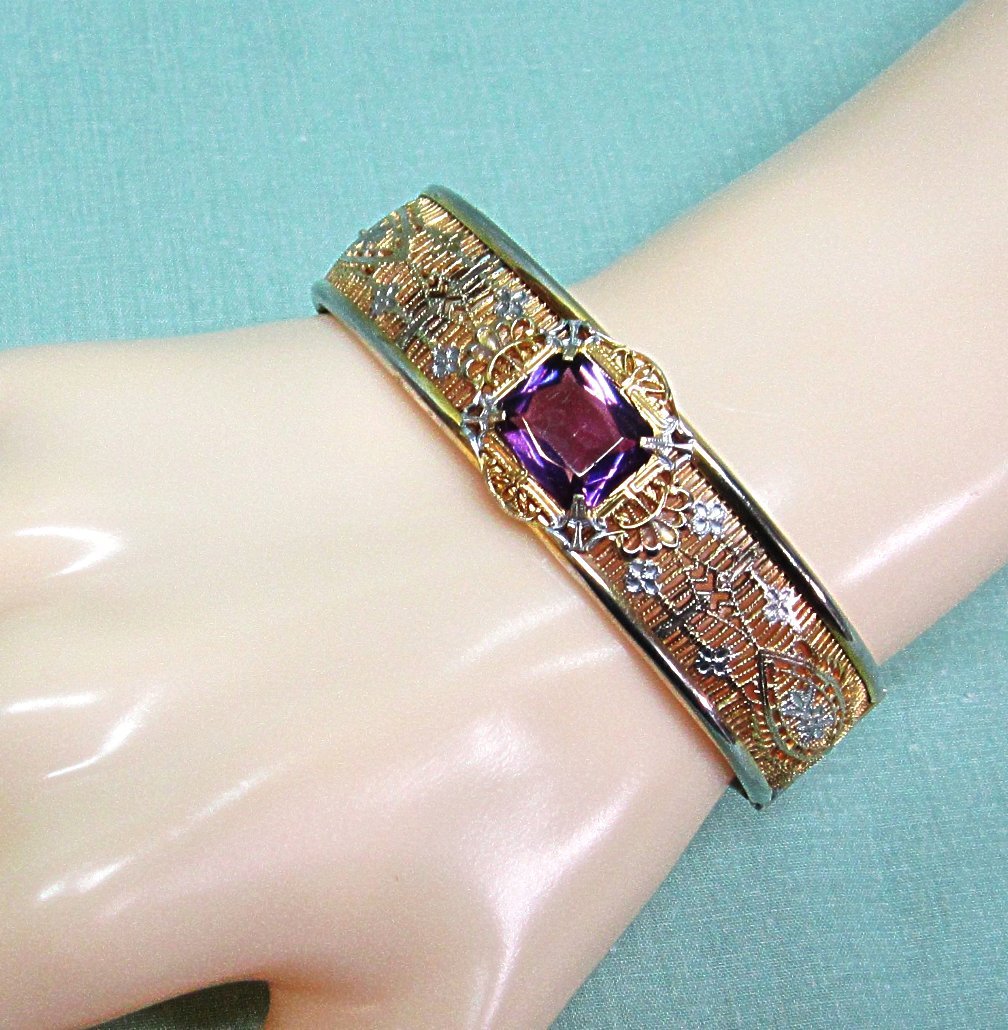 Art Deco Filigree Bracelet with Purple Glass Stone Art Deco Filigree Bracelet with Purple Glass Stone