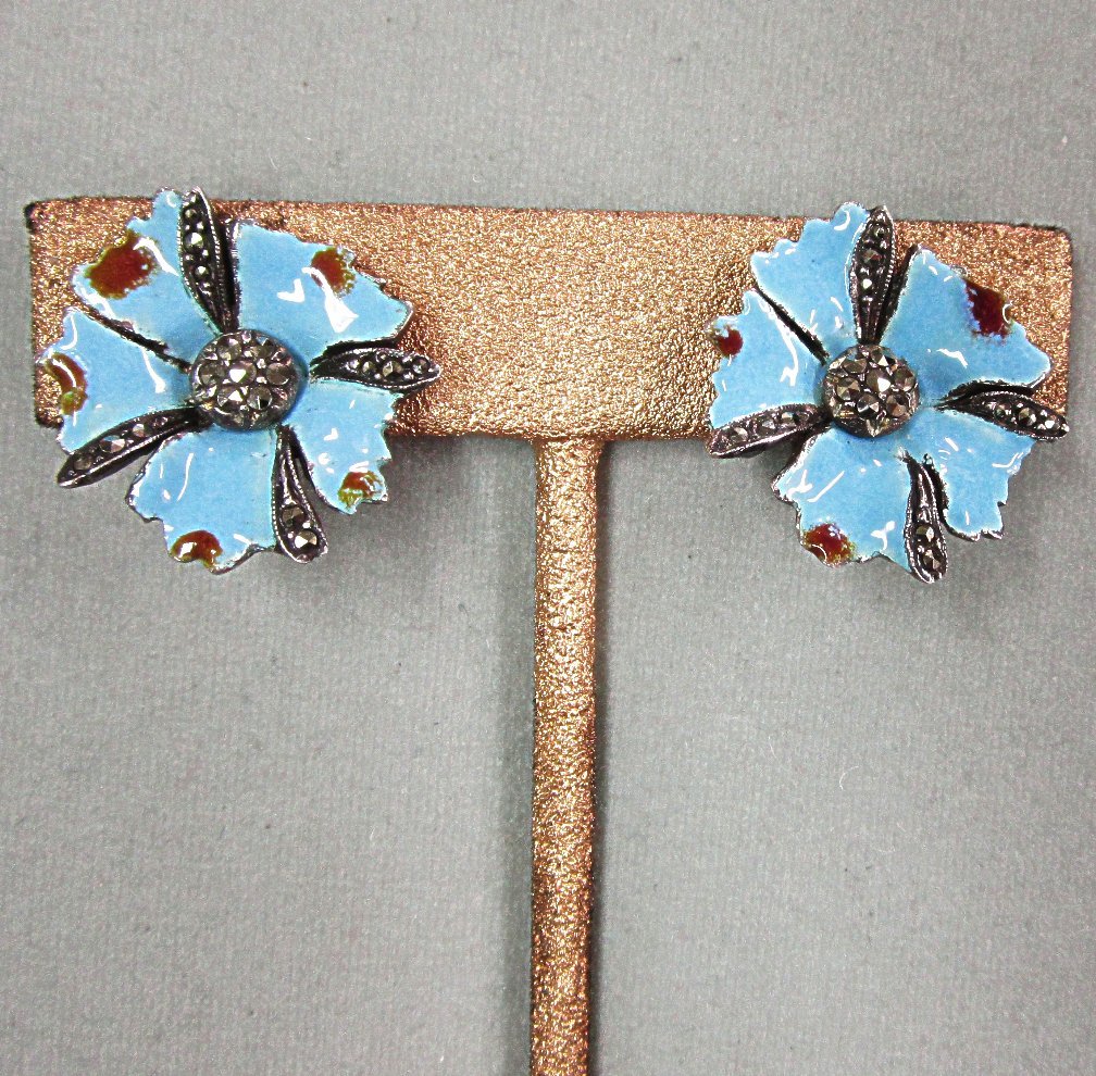 Sterling Silver Enamel and Marcasite Flower Earrings from Italy Sterling Silver Enamel and Marcasite Flower Earrings from Italy
