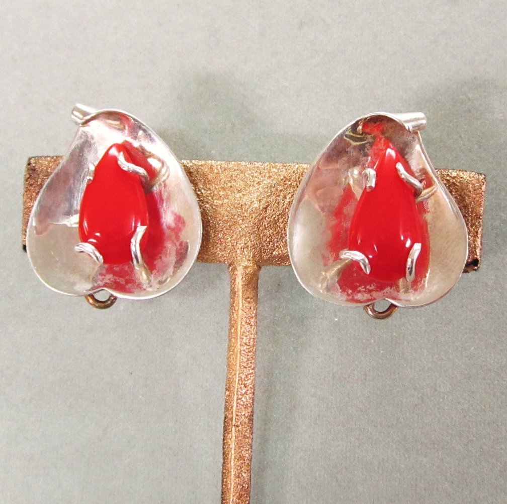 Sterling Silver and Red Stone Earrings Signed RM Sterling Silver and Red Stone Earrings Signed RM