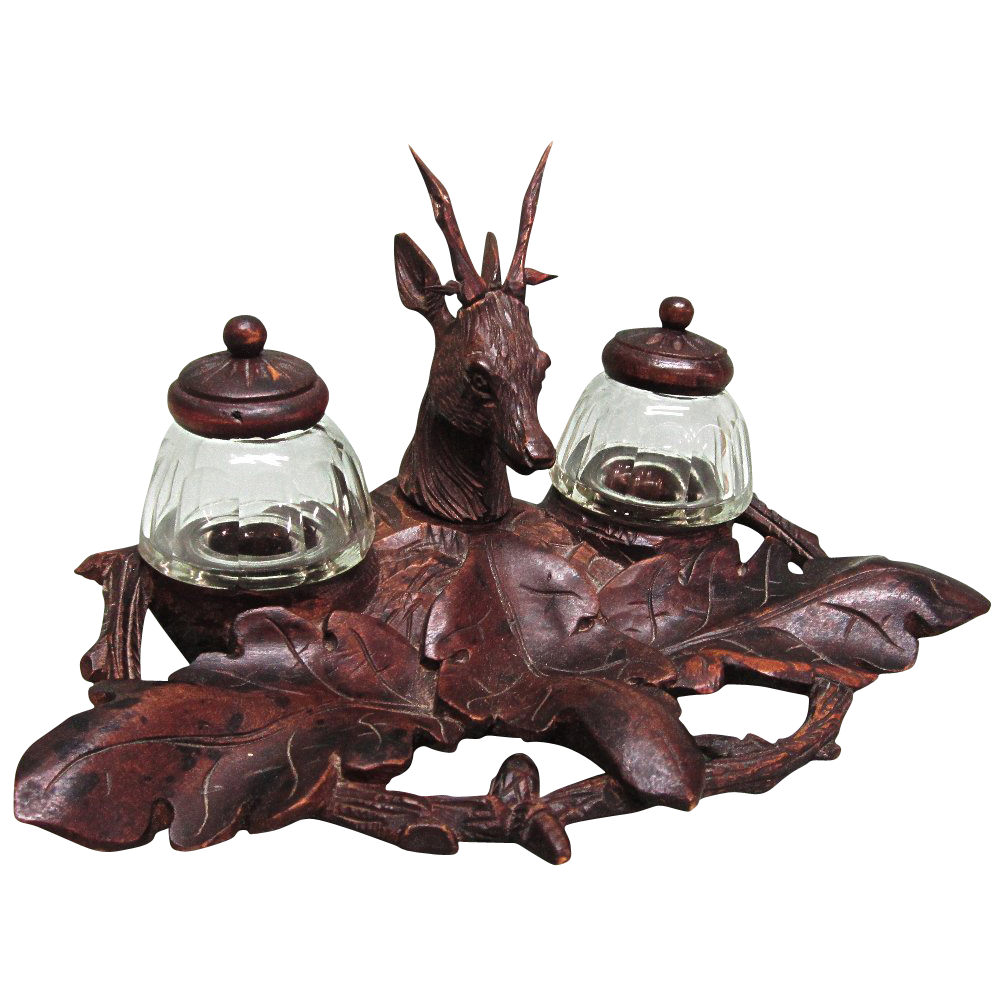 Antique Inkwell Inkstand Black Forest Germany Carved Wood Antique Inkwell Inkstand Black Forest Germany Carved Wood
