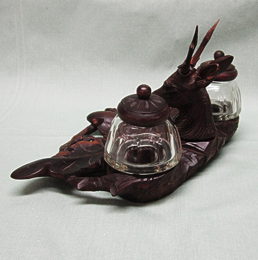 Antique Inkwell Inkstand Black Forest Germany Carved Wood Antique Inkwell Inkstand Black Forest Germany Carved Wood