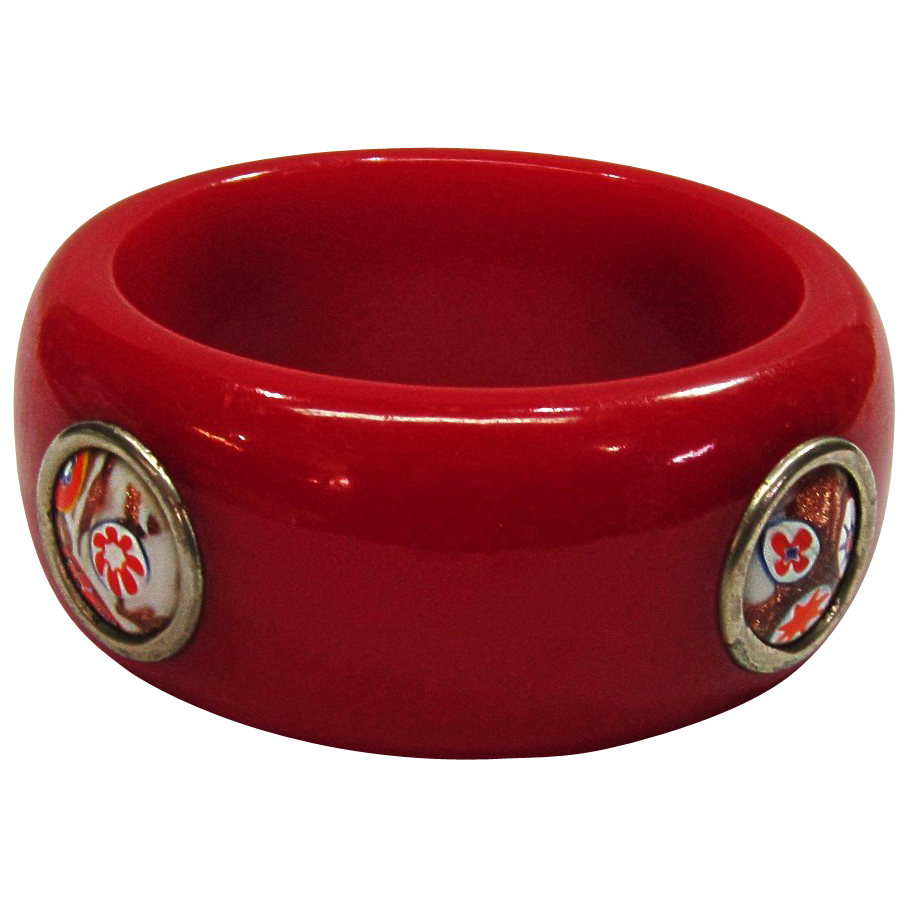 Red Bakelite Bracelet Murano Glass Inserts Vintage Red Bakelite Bracelet Murano Glass Inserts Vintage