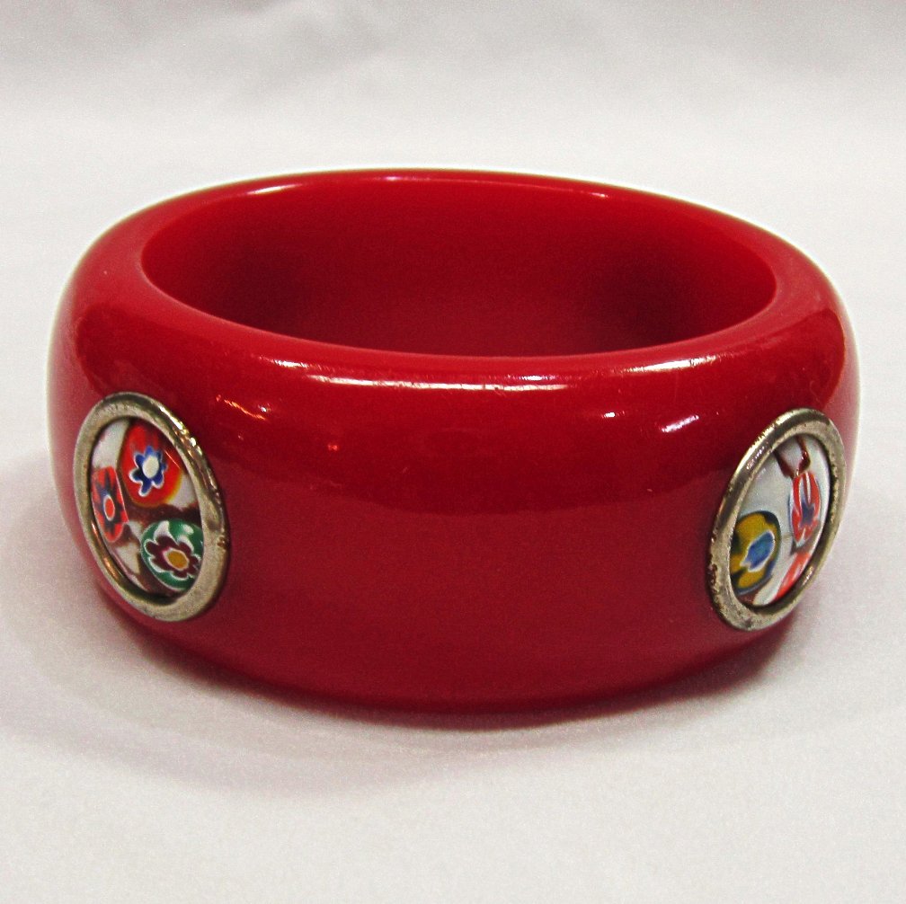 Red Bakelite Bracelet Murano Glass Inserts Vintage Red Bakelite Bracelet Murano Glass Inserts Vintage