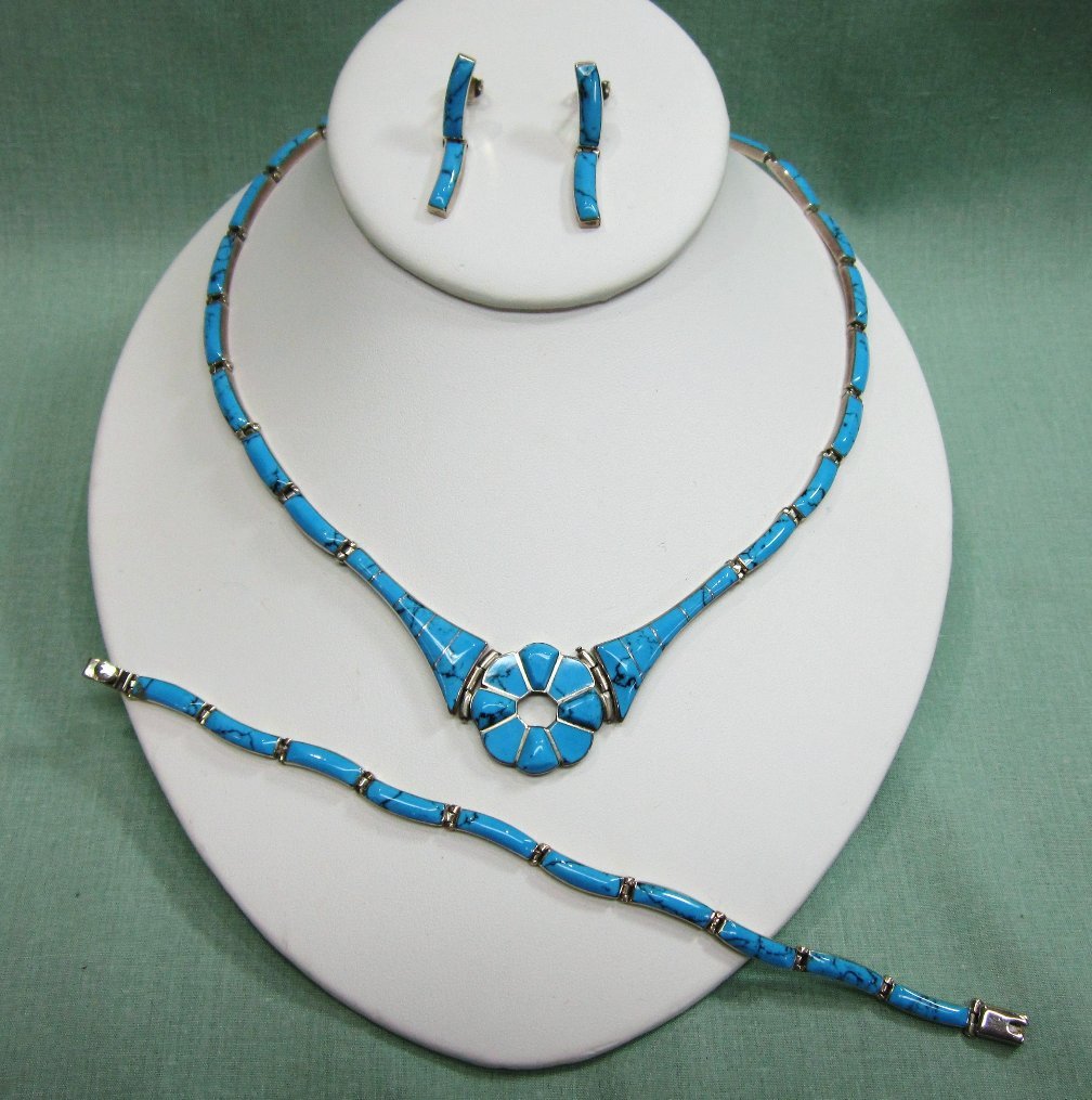 Mexico 950 Sterling Turquoise Necklace Bracelet and Earrings Mexico 950 Sterling Turquoise Necklace Bracelet and Earrings