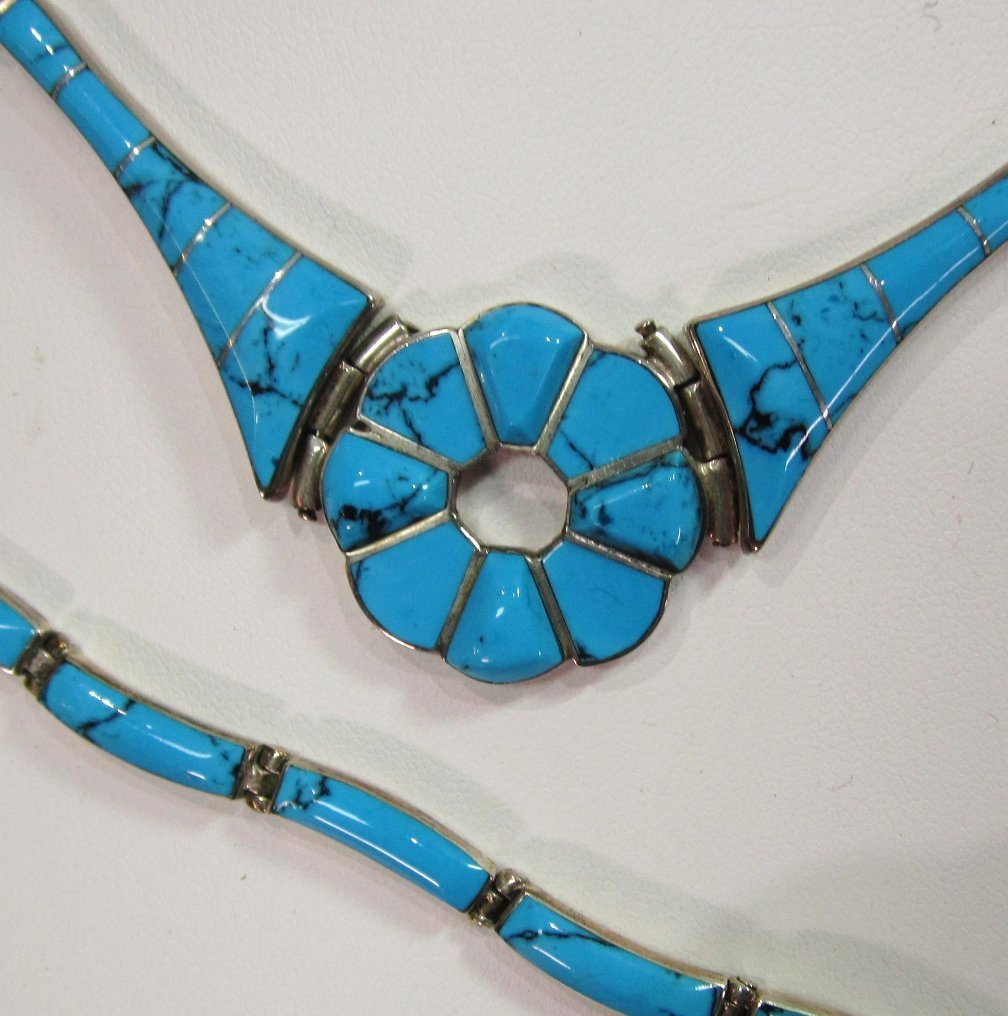 Mexico 950 Sterling Turquoise Necklace Bracelet and Earrings Mexico 950 Sterling Turquoise Necklace Bracelet and Earrings