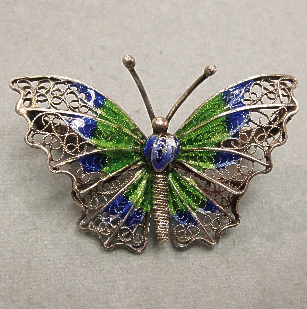 Silver Filigree and Enamel Butterfly Pin Silver Filigree and Enamel Butterfly Pin