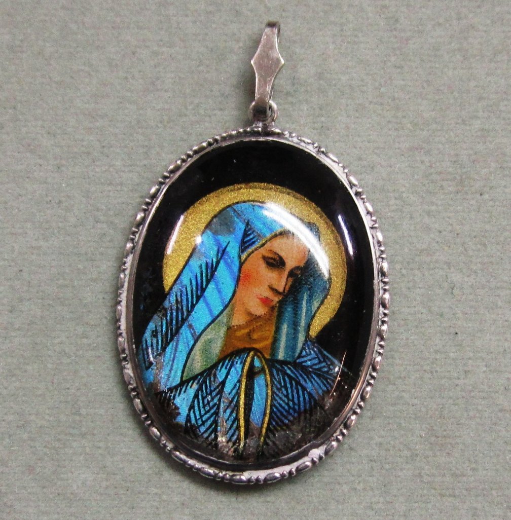 Sterling Silver Reverse Painted Blessed Virgin Mary Pendant Sterling Silver Reverse Painted Blessed Virgin Mary Pendant