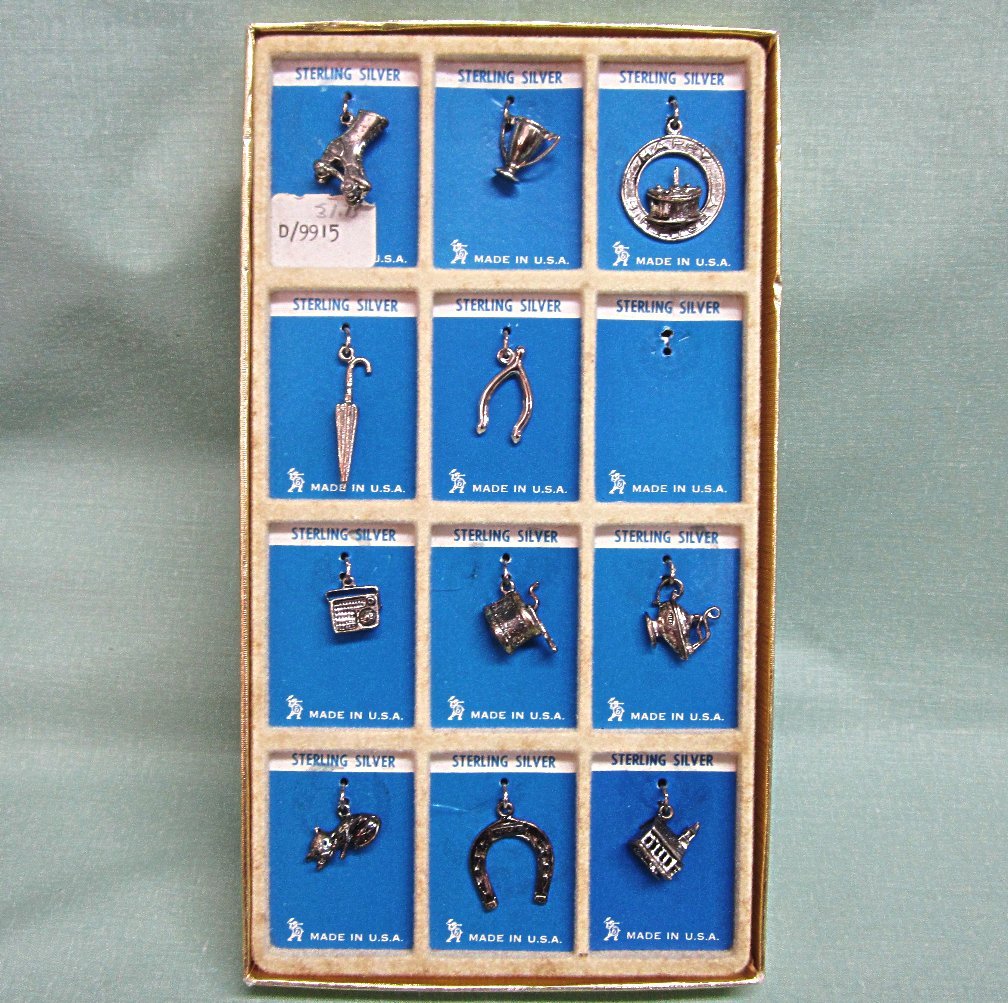 Vintage Sterling Silver Charms on Original Card Display Vintage Sterling Silver Charms on Original Card Display