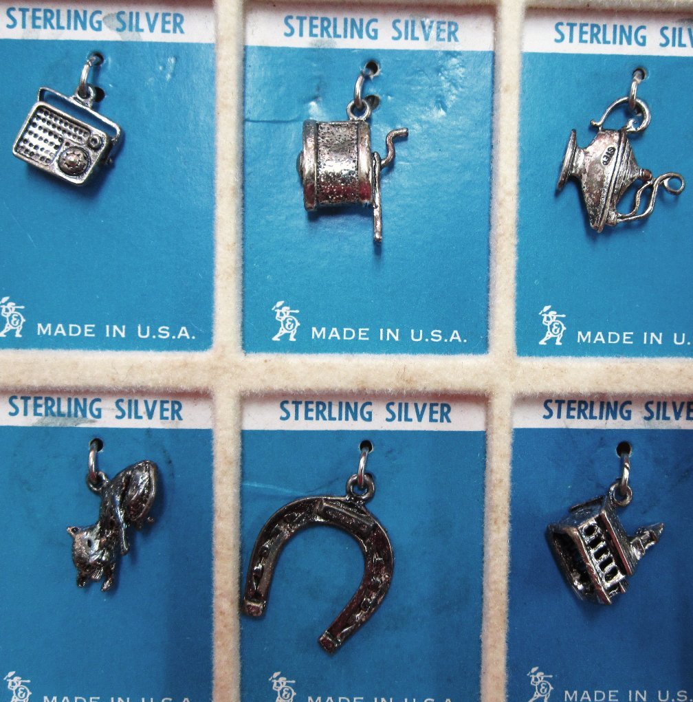 Vintage Sterling Silver Charms on Original Card Display Vintage Sterling Silver Charms on Original Card Display