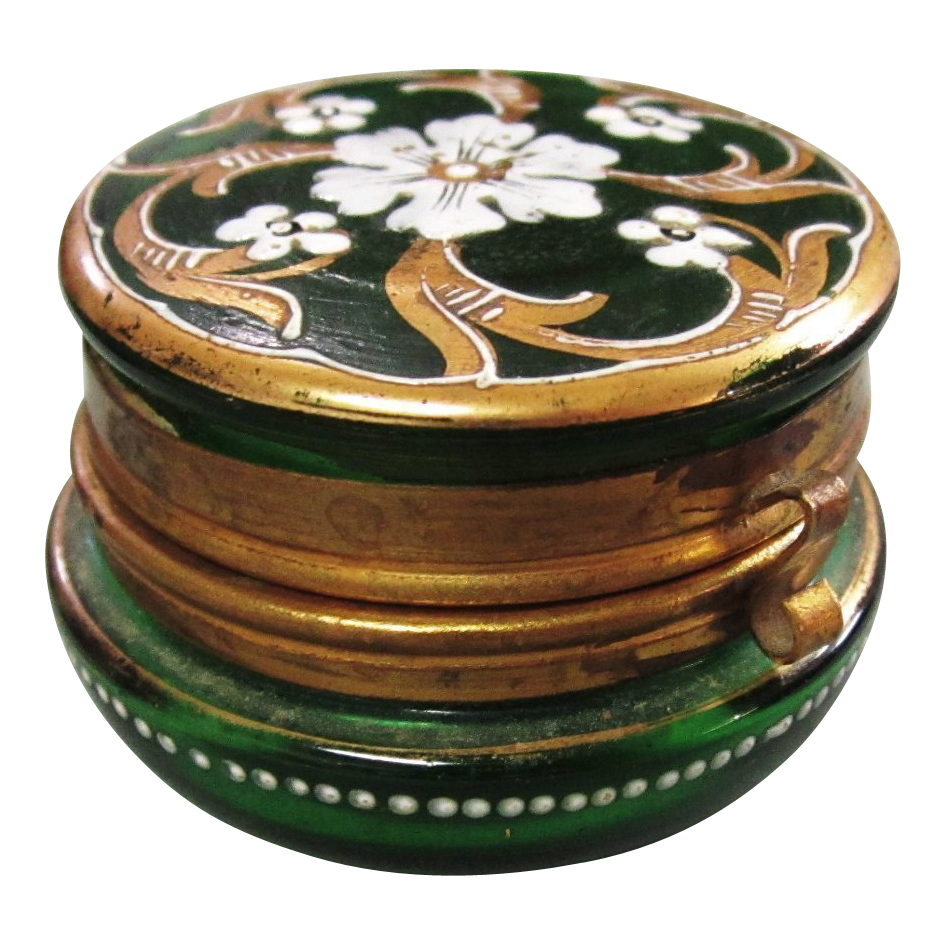 Victorian Green Enamel Glass Patch Box with Mirror Victorian Green Enamel Glass Patch Box with Mirror