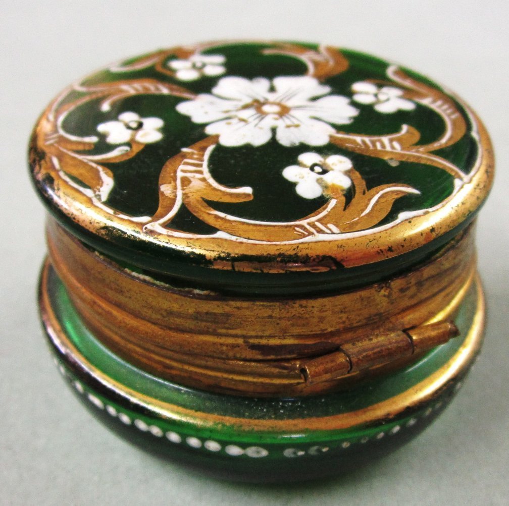 Victorian Green Enamel Glass Patch Box with Mirror Victorian Green Enamel Glass Patch Box with Mirror