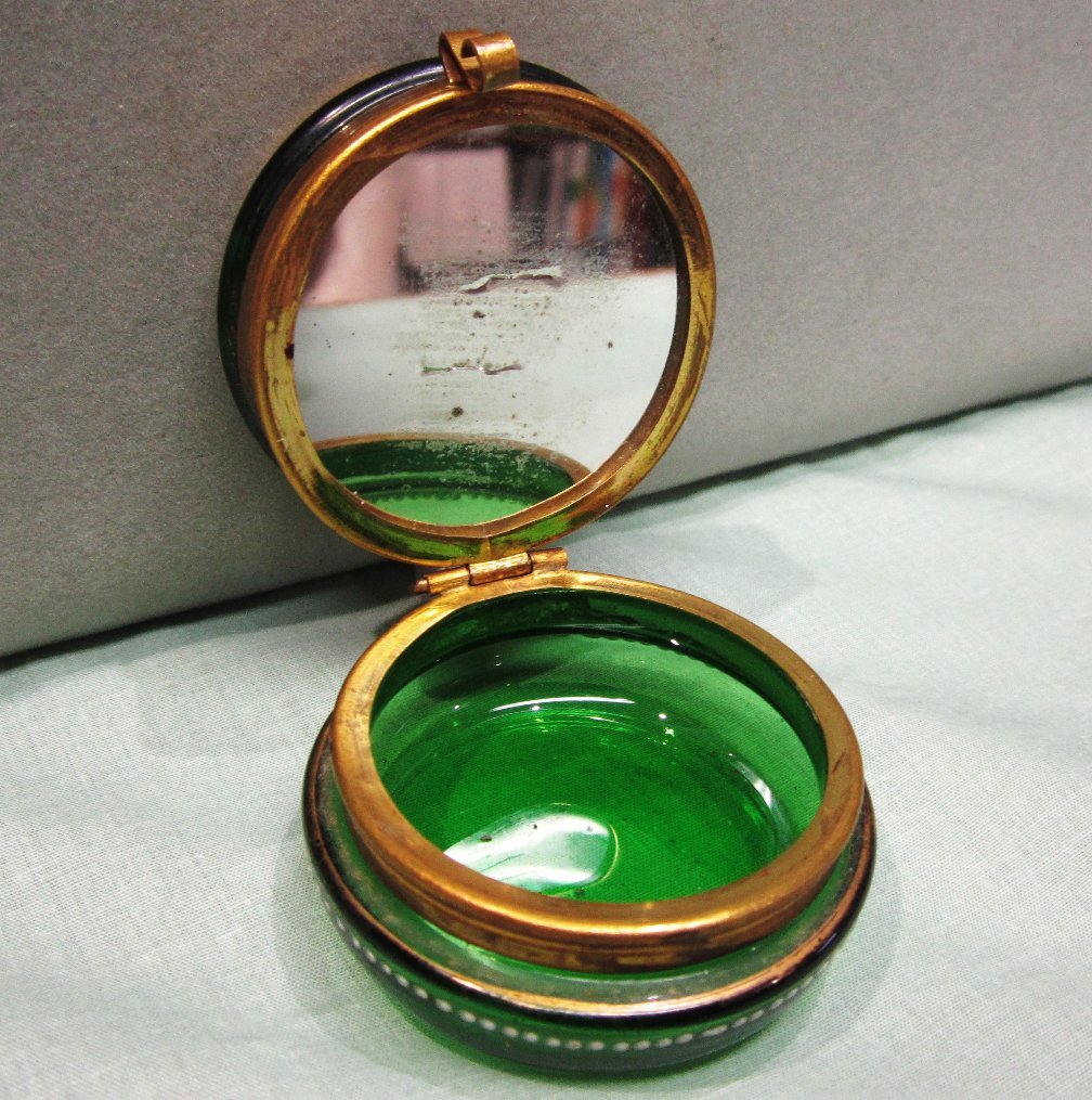 Victorian Green Enamel Glass Patch Box with Mirror Victorian Green Enamel Glass Patch Box with Mirror