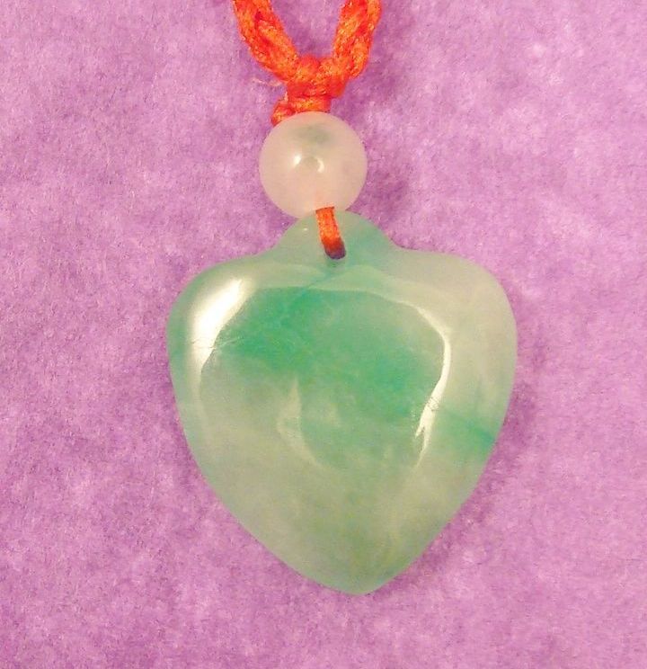 Delightful Carved Green Jade Heart & Bead on Red Satin Cord Necklace Delightful Carved Green Jade Heart & Bead on Red Satin Cord Necklace