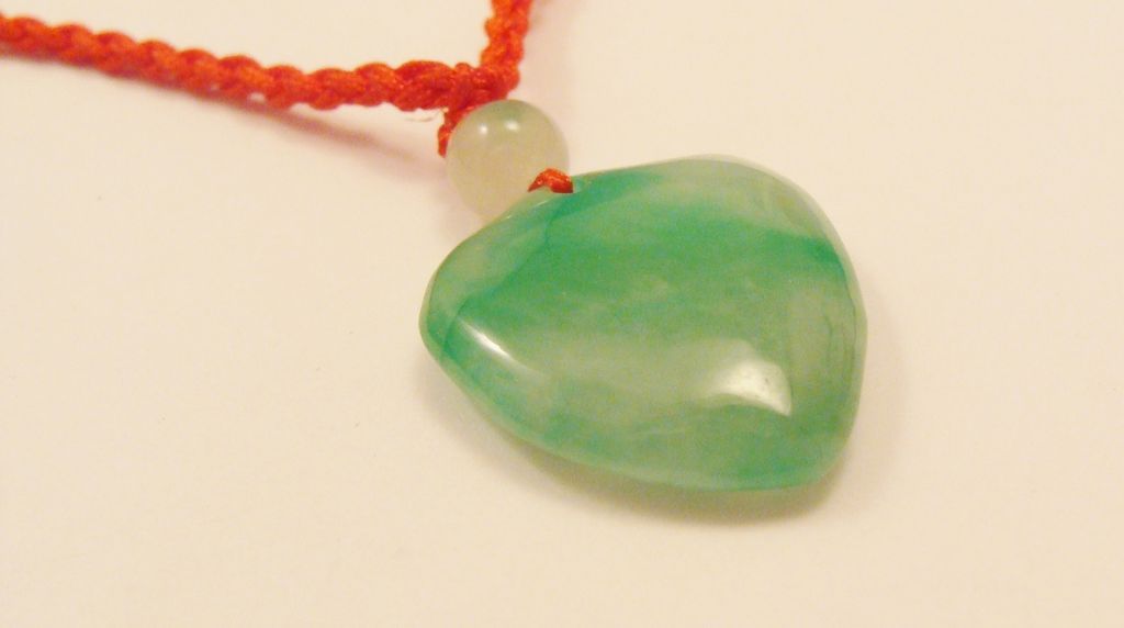 Delightful Carved Green Jade Heart & Bead on Red Satin Cord Necklace Delightful Carved Green Jade Heart & Bead on Red Satin Cord Necklace