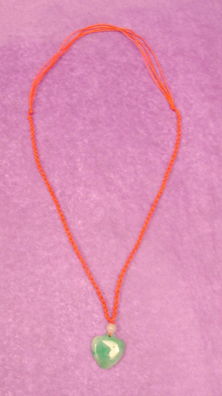 Delightful Carved Green Jade Heart & Bead on Red Satin Cord Necklace Delightful Carved Green Jade Heart & Bead on Red Satin Cord Necklace