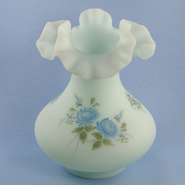Fenton Blue Roses Vase Blue Satin Vintage Glass from fortunegallery on