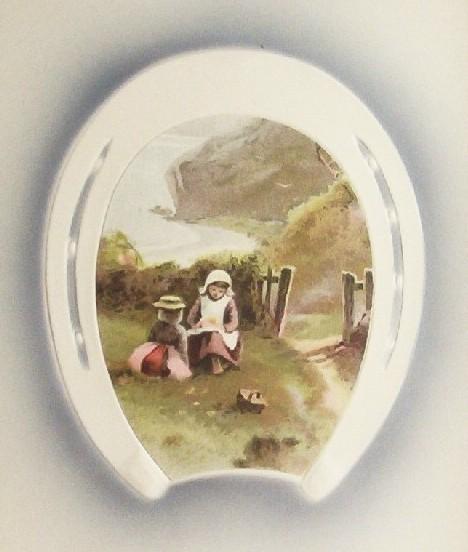 Early 1900s Embossed Meissner & Buch Postcard, Horseshoe Inset of Little Girls Having Picnic on Grassy Cliffside Early 1900s Embossed Meissner & Buch Postcard, Horseshoe Inset of Little Girls Having Picnic on Grassy Cliffside