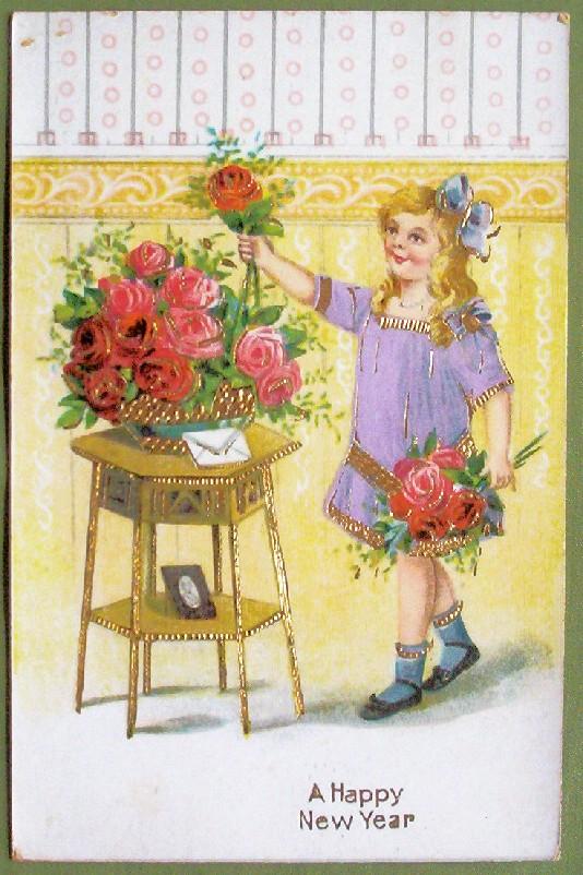 Early 1900s Embossed Gilded Gel Postcard, Pretty Child in Lavender Arranges Red and Pink Roses Early 1900s Embossed Gilded Gel Postcard, Pretty Child in Lavender Arranges Red and Pink Roses