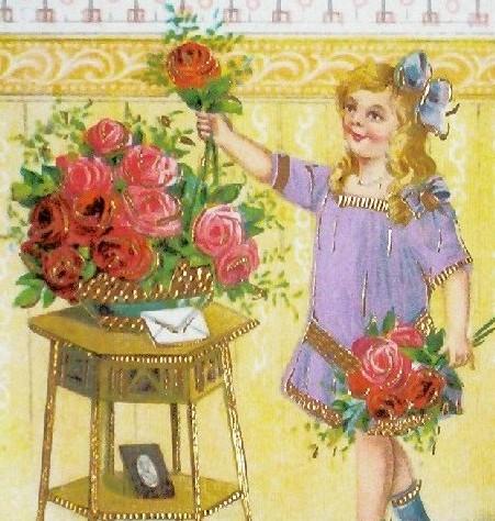 Early 1900s Embossed Gilded Gel Postcard, Pretty Child in Lavender Arranges Red and Pink Roses Early 1900s Embossed Gilded Gel Postcard, Pretty Child in Lavender Arranges Red and Pink Roses