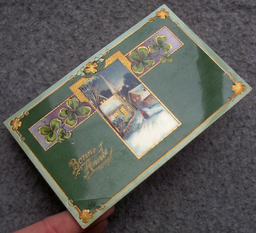 Early 1900s Embossed Gilded E.A.S. Gel Postcard, Woman Approaches Snow-covered Steeple Church, 4-Leaf Clovers Early 1900s Embossed Gilded E.A.S. Gel Postcard, Woman Approaches Snow-covered Steeple Church, 4-Leaf Clovers