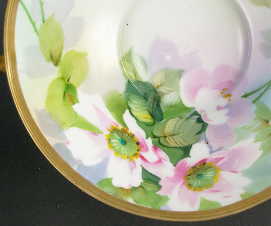 Beautiful Nippon Hand Painted Handled Deep 8 3/4" Bowl, Pink Florals, Lavender Shadow Leaves Beautiful Nippon Hand Painted Handled Deep 8 3/4" Bowl, Pink Florals, Lavender Shadow Leaves