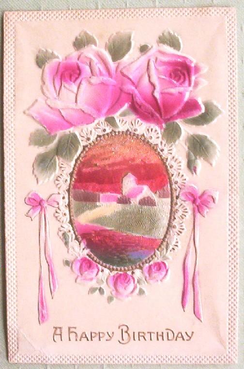 1915 Deeply Embossed Postcard, Shiny Red Foil Inset of Farmhouse, Pink Roses 1915 Deeply Embossed Postcard, Shiny Red Foil Inset of Farmhouse, Pink Roses