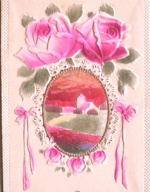 1915 Deeply Embossed Postcard, Shiny Red Foil Inset of Farmhouse, Pink Roses 1915 Deeply Embossed Postcard, Shiny Red Foil Inset of Farmhouse, Pink Roses