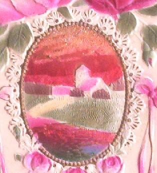 1915 Deeply Embossed Postcard, Shiny Red Foil Inset of Farmhouse, Pink Roses 1915 Deeply Embossed Postcard, Shiny Red Foil Inset of Farmhouse, Pink Roses