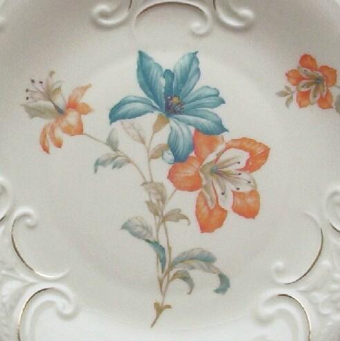 Beautiful Vintage Bareuther & Co. Ornately Molded Gilded 11" Platter, Tangerine and Turquoise Orchids, 1931-1950 Beautiful Vintage Bareuther & Co. Ornately Molded Gilded 11" Platter, Tangerine and Turquoise Orchids, 1931-1950