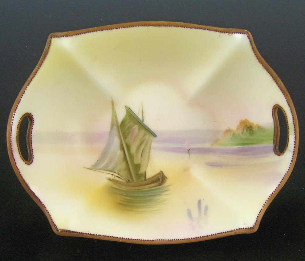 Delicate Hand Painted Nippon Dish, Sailboat on Lake, Mark #47, 1911-1920s Delicate Hand Painted Nippon Dish, Sailboat on Lake, Mark #47, 1911-1920s
