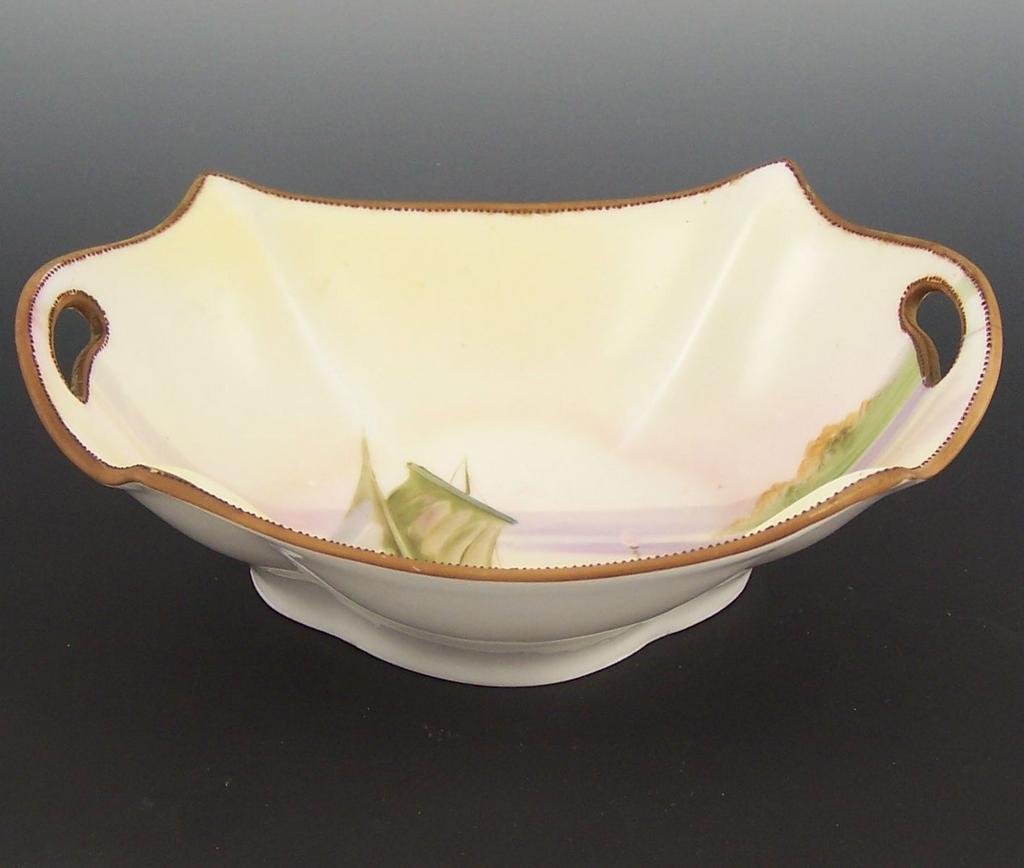 Delicate Hand Painted Nippon Dish, Sailboat on Lake, Mark #47, 1911-1920s Delicate Hand Painted Nippon Dish, Sailboat on Lake, Mark #47, 1911-1920s