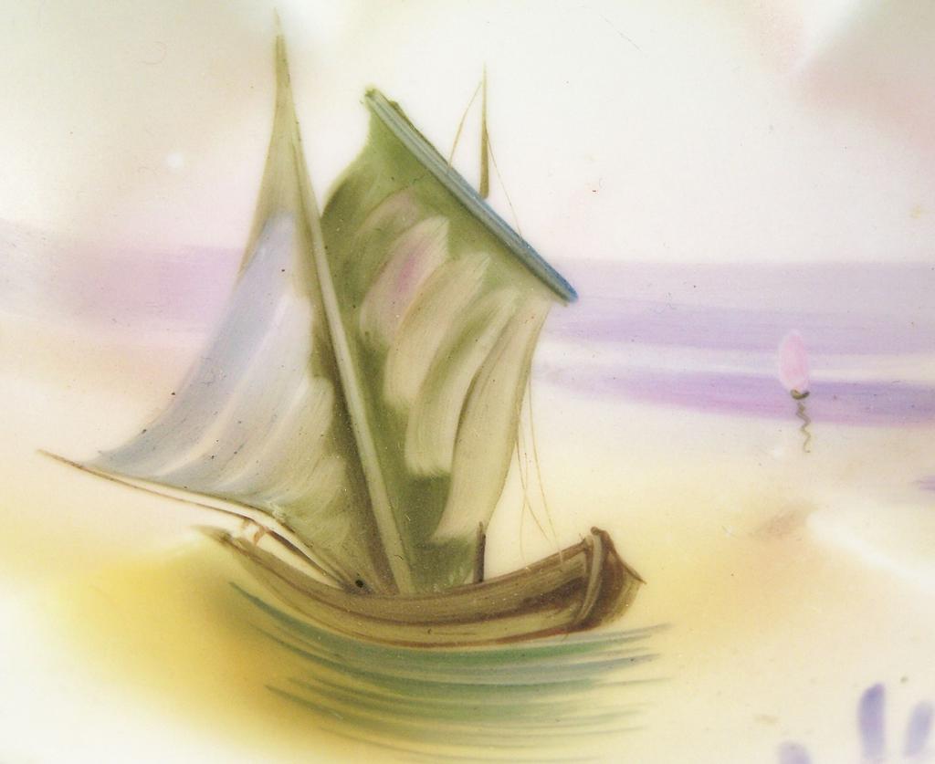 Delicate Hand Painted Nippon Dish, Sailboat on Lake, Mark #47, 1911-1920s Delicate Hand Painted Nippon Dish, Sailboat on Lake, Mark #47, 1911-1920s