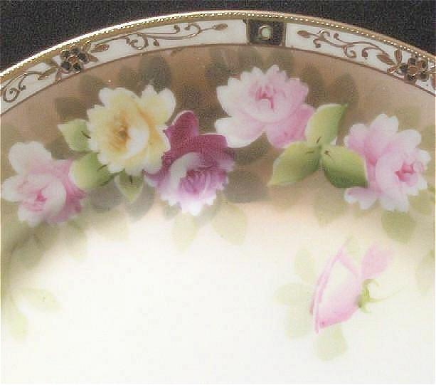 Stylish Nippon Hand Painted 10" Charger, Pastel Peonies, Intricate Gold Filigree and Beading, early 1900s Stylish Nippon Hand Painted 10" Charger, Pastel Peonies, Intricate Gold Filigree and Beading, early 1900s