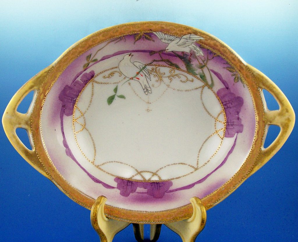 Delightful Nippon Handled Bowl, White Doves on Branches in Lavender Landscape, Gilded Chains, Beading, early 1900s Delightful Nippon Handled Bowl, White Doves on Branches in Lavender Landscape, Gilded Chains, Beading, early 1900s