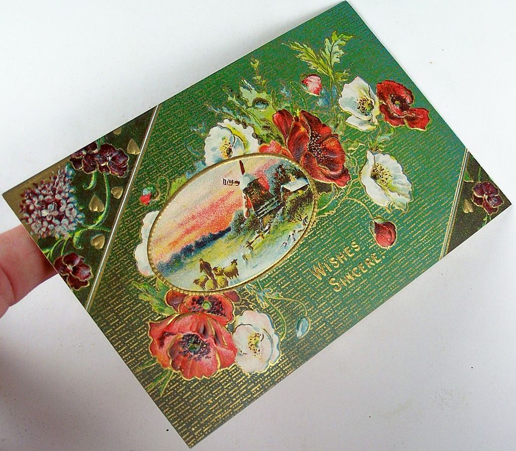 Early 1900s Embossed Gilded Postcard, Man Brings Sheep Home, Windmill, White & Scarlet Poppies, Pansies, Violets Early 1900s Embossed Gilded Postcard, Man Brings Sheep Home, Windmill, White & Scarlet Poppies, Pansies, Violets
