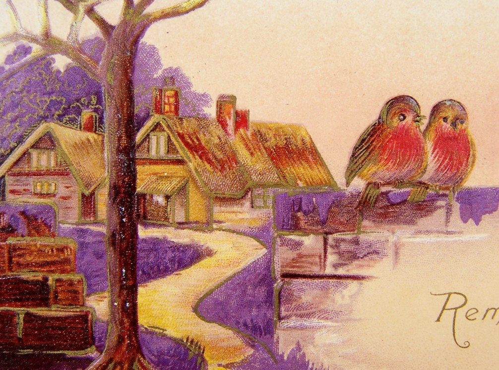 1910 Embossed Gilded Postcard, Robin Trio Welcomes Rosy Dawn with Song 1910 Embossed Gilded Postcard, Robin Trio Welcomes Rosy Dawn with Song