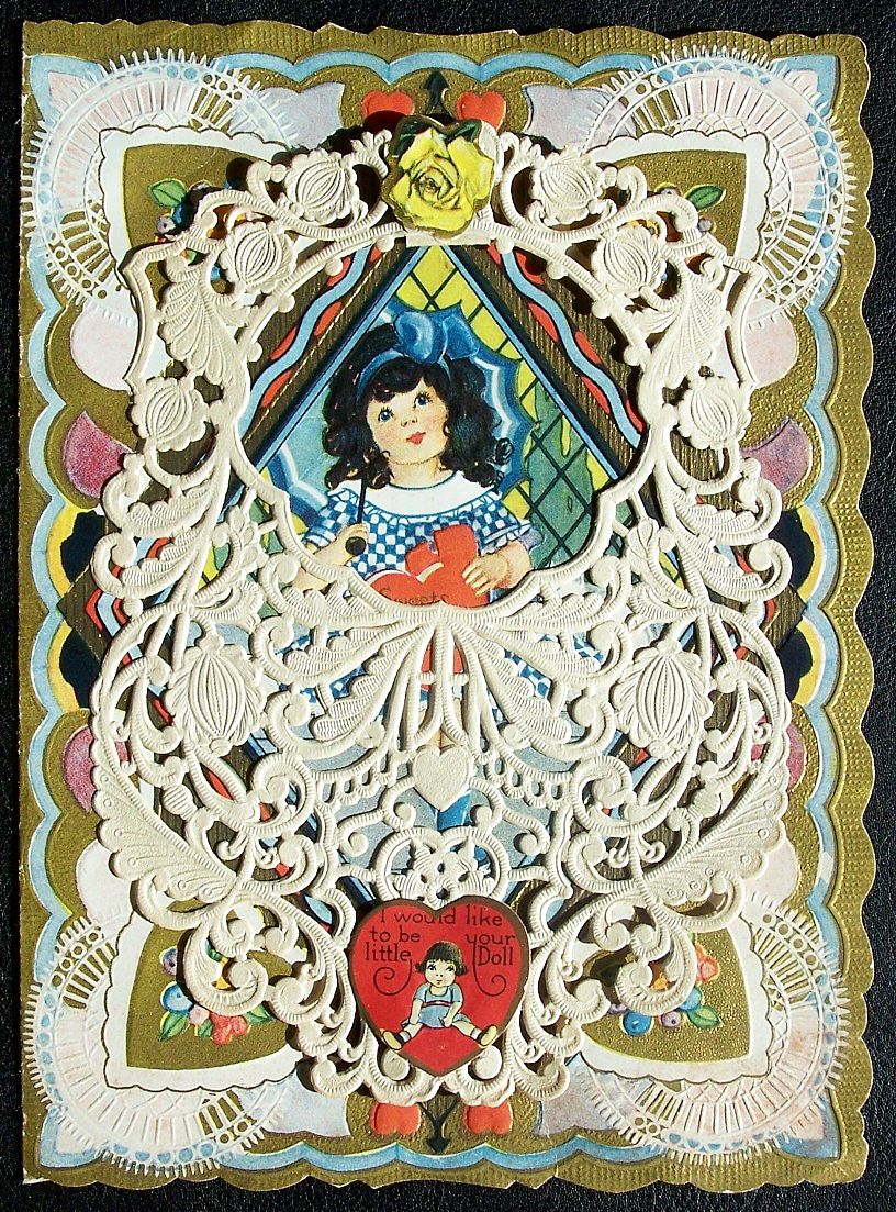 Early 1900s Carrington Die Cut, Layered, Lacy, Gilded Valentine, Girl with Parasol & Cat, Heart & Rose Appliques Early 1900s Carrington Die Cut, Layered, Lacy, Gilded Valentine, Girl with Parasol & Cat, Heart & Rose Appliques