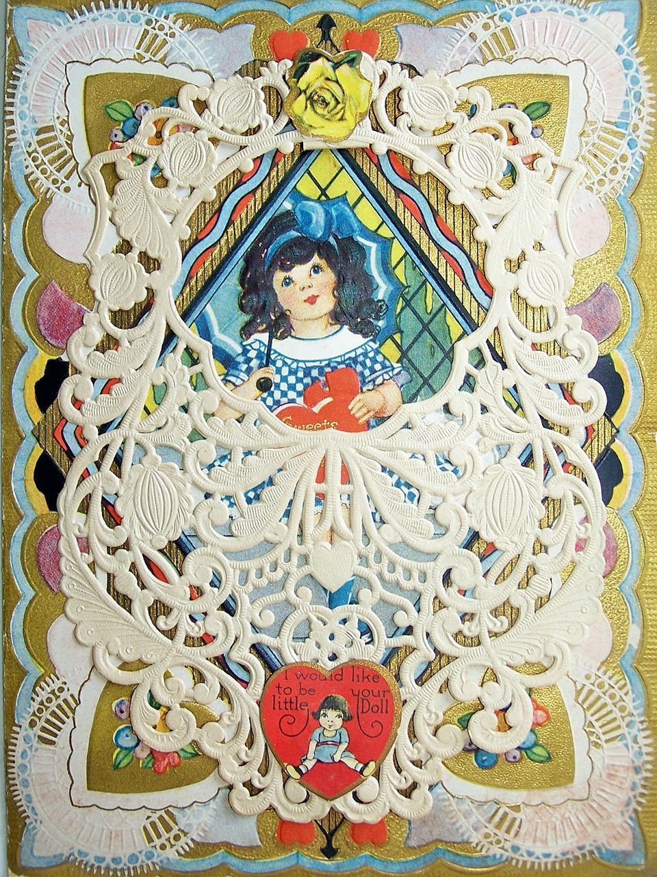 Early 1900s Carrington Die Cut, Layered, Lacy, Gilded Valentine, Girl with Parasol & Cat, Heart & Rose Appliques Early 1900s Carrington Die Cut, Layered, Lacy, Gilded Valentine, Girl with Parasol & Cat, Heart & Rose Appliques