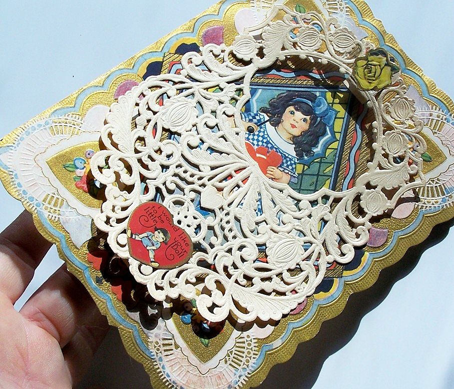Early 1900s Carrington Die Cut, Layered, Lacy, Gilded Valentine, Girl with Parasol & Cat, Heart & Rose Appliques Early 1900s Carrington Die Cut, Layered, Lacy, Gilded Valentine, Girl with Parasol & Cat, Heart & Rose Appliques