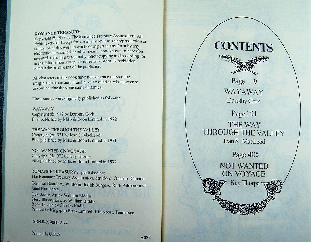 The Romance Treasury: Wayaway (Dorothy Cork, 1972), The Way Through the Valley (Jean S. MacLeod, 1971), and Not Wanted on Voyage (Kay Thorpe, 1972), 1977 The Romance Treasury: Wayaway (Dorothy Cork, 1972), The Way Through the Valley (Jean S. MacLeod, 1971), and Not Wanted on Voyage (Kay Thorpe, 1972), 1977